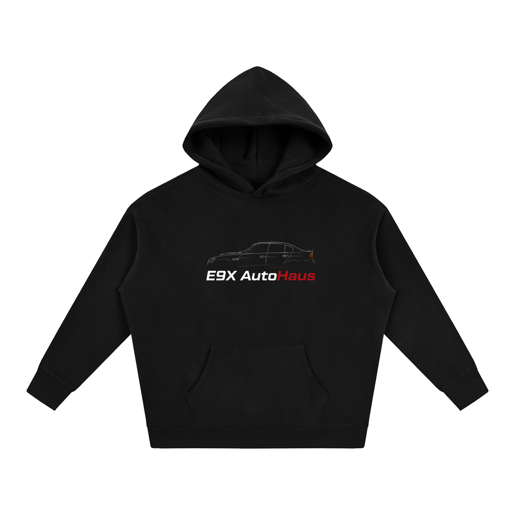 E9X AutoHaus Essentials Hoodie front E90 artwork on black hoodie