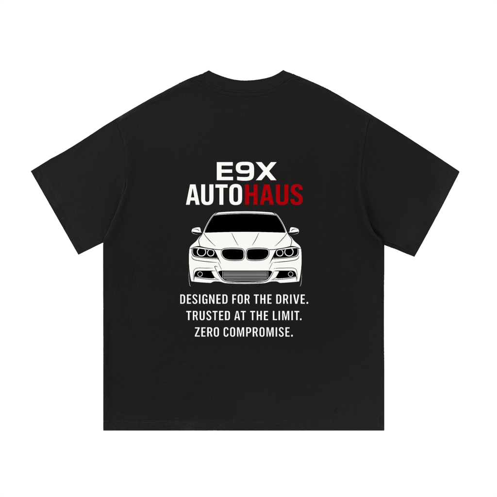 E9X AutoHaus Essentials Tee rear E90 graphic and slogan on black T-shirt
