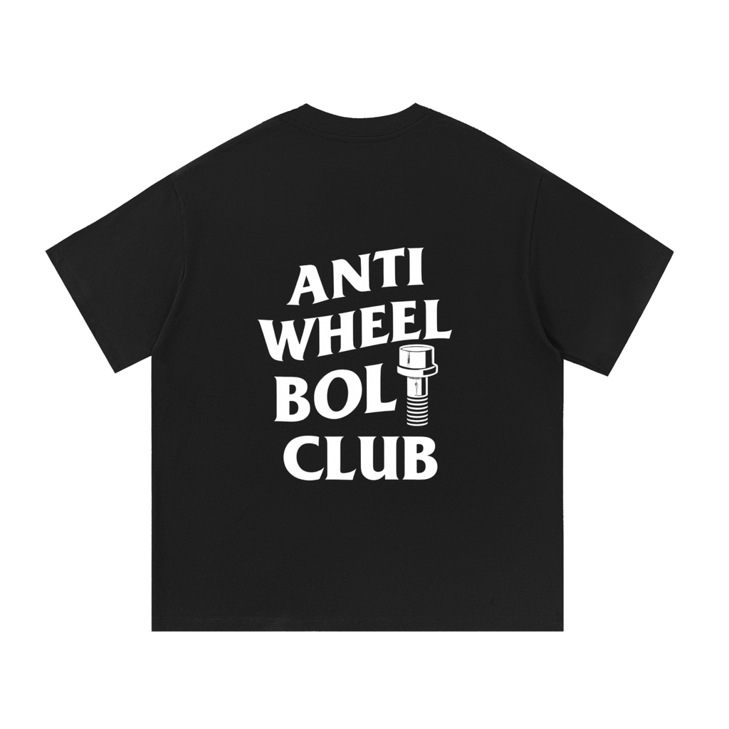 E9X AutoHaus Anti Wheel Bolt Club rear graphic on black T-shirt