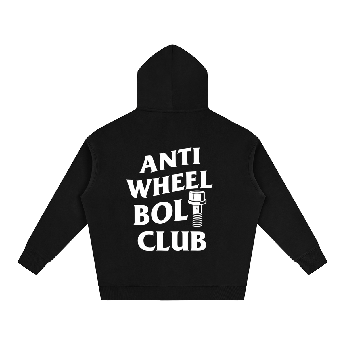 E9X AutoHaus Anti Wheel Bolt Club rear graphic on black hoodie