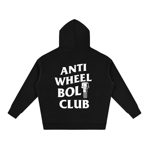 E9X AutoHaus Anti Wheel Bolt Club rear graphic on black hoodie