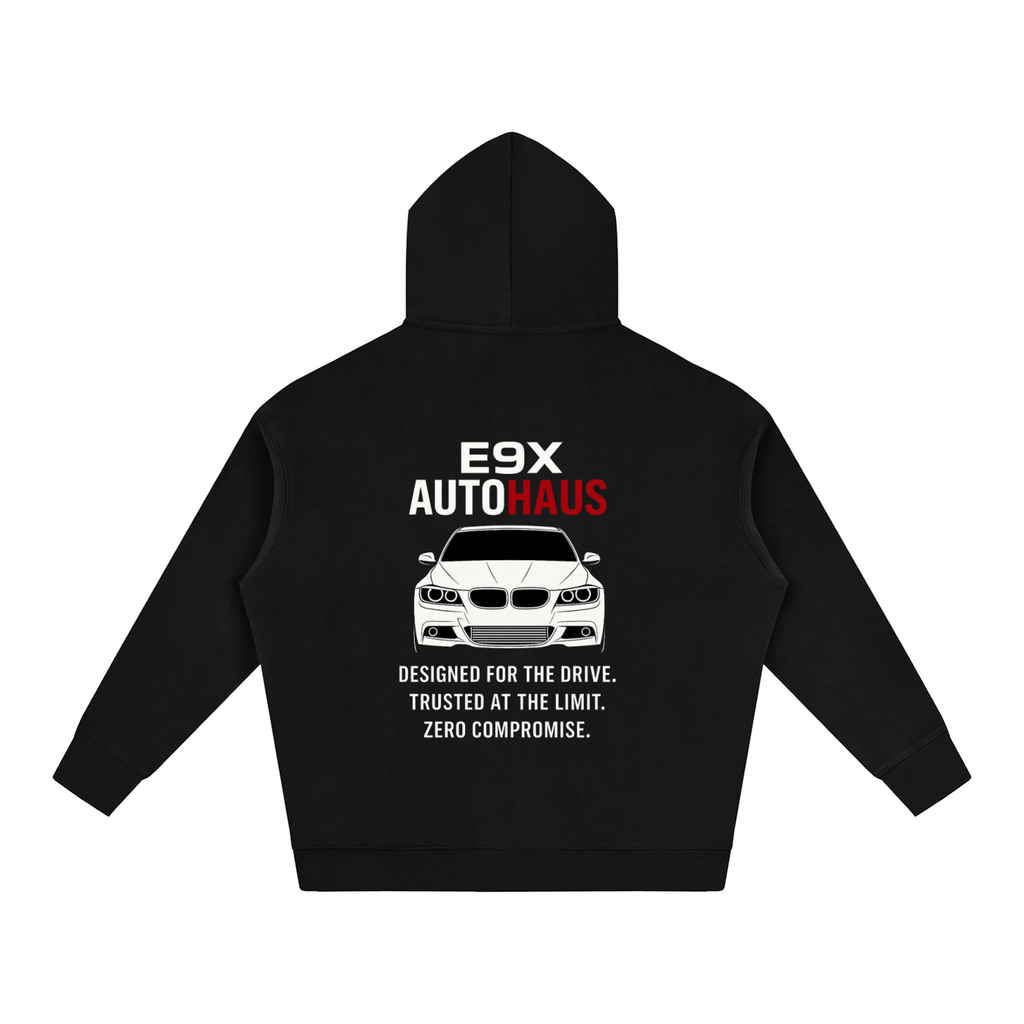 E9X AutoHaus Essentials Hoodie rear E90 graphic and slogan on black hoodie