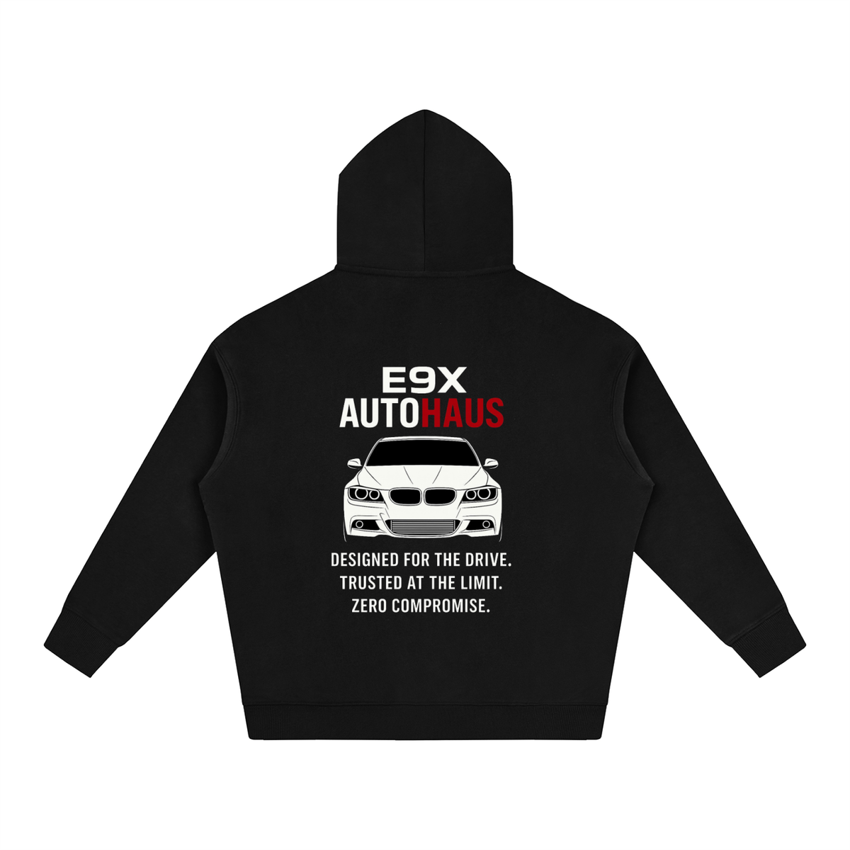 E9X AutoHaus Essentials Hoodie rear E90 graphic and slogan on black hoodie
