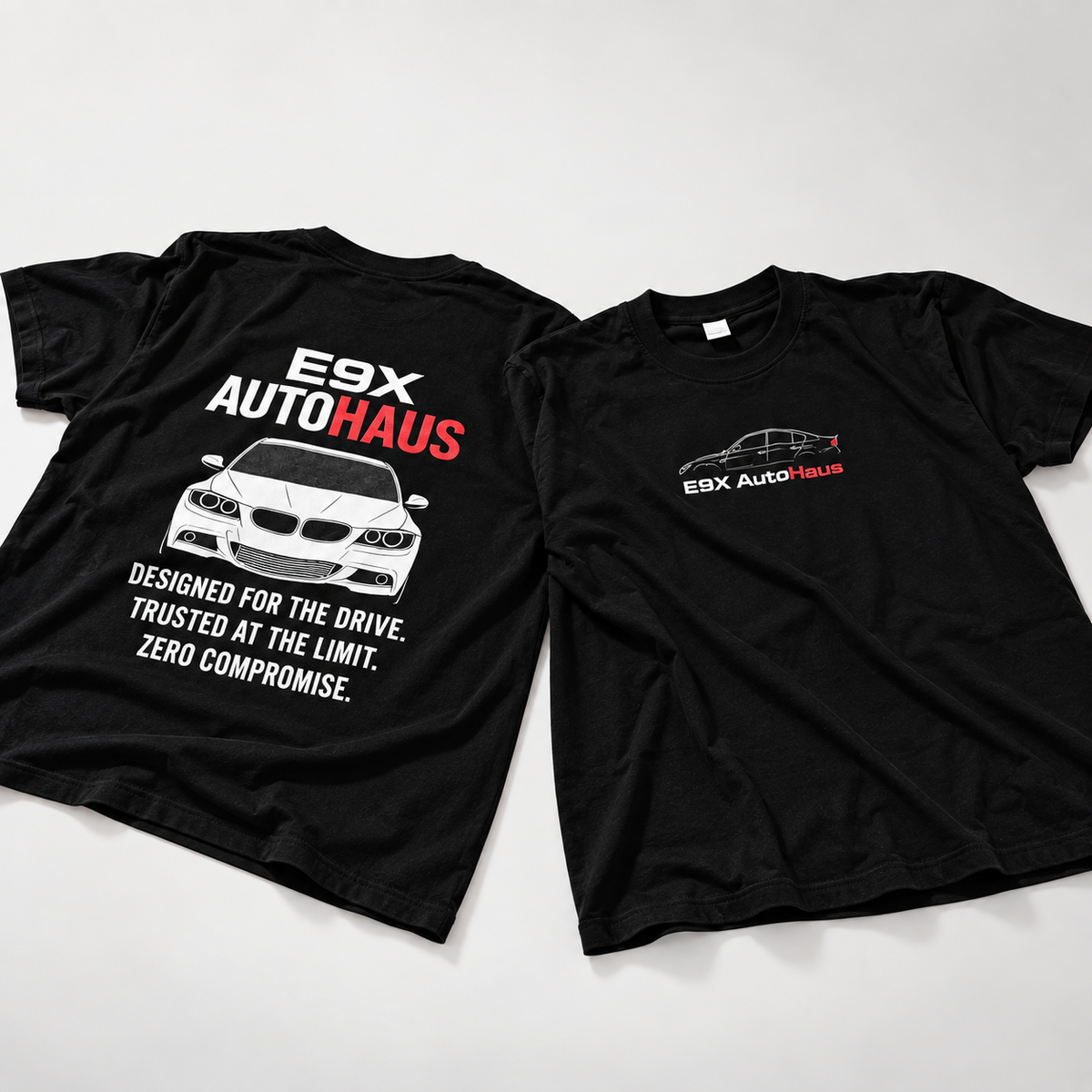 E9X AutoHaus Essentials Tee sample front and back