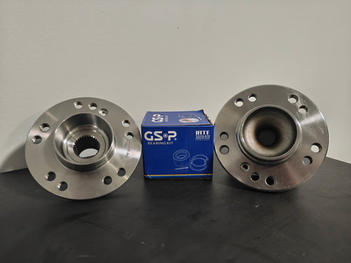 E9X multi-PCD hubs displayed beside a GSP bearing kit box