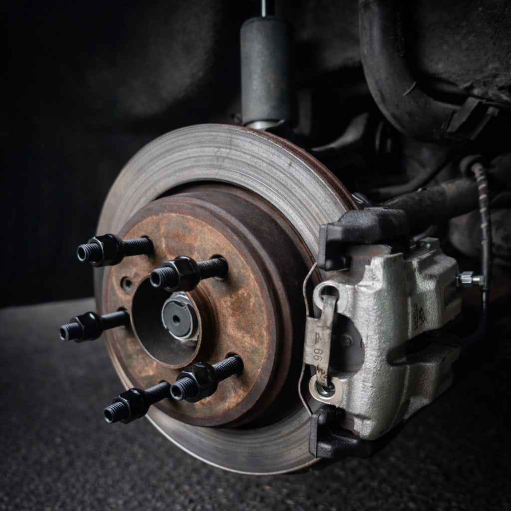 Black wheel studs and open-ended black nuts fitted to a BMW hub with the wheel removed